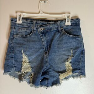 Kendall and Kylie Distressed Denim Women Shorts with Crossover Button